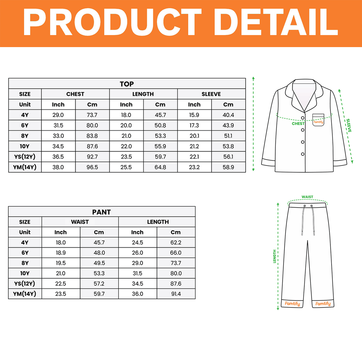 Kids pajama set size chart from 4Y to 14Y for top and pants