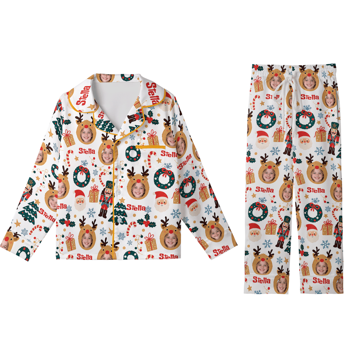 Custom face photo and name reindeer nutcracker kid Christmas pajamas set with button up top and pants