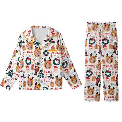 Custom face photo and name reindeer nutcracker kid Christmas pajamas set with button up top and pants