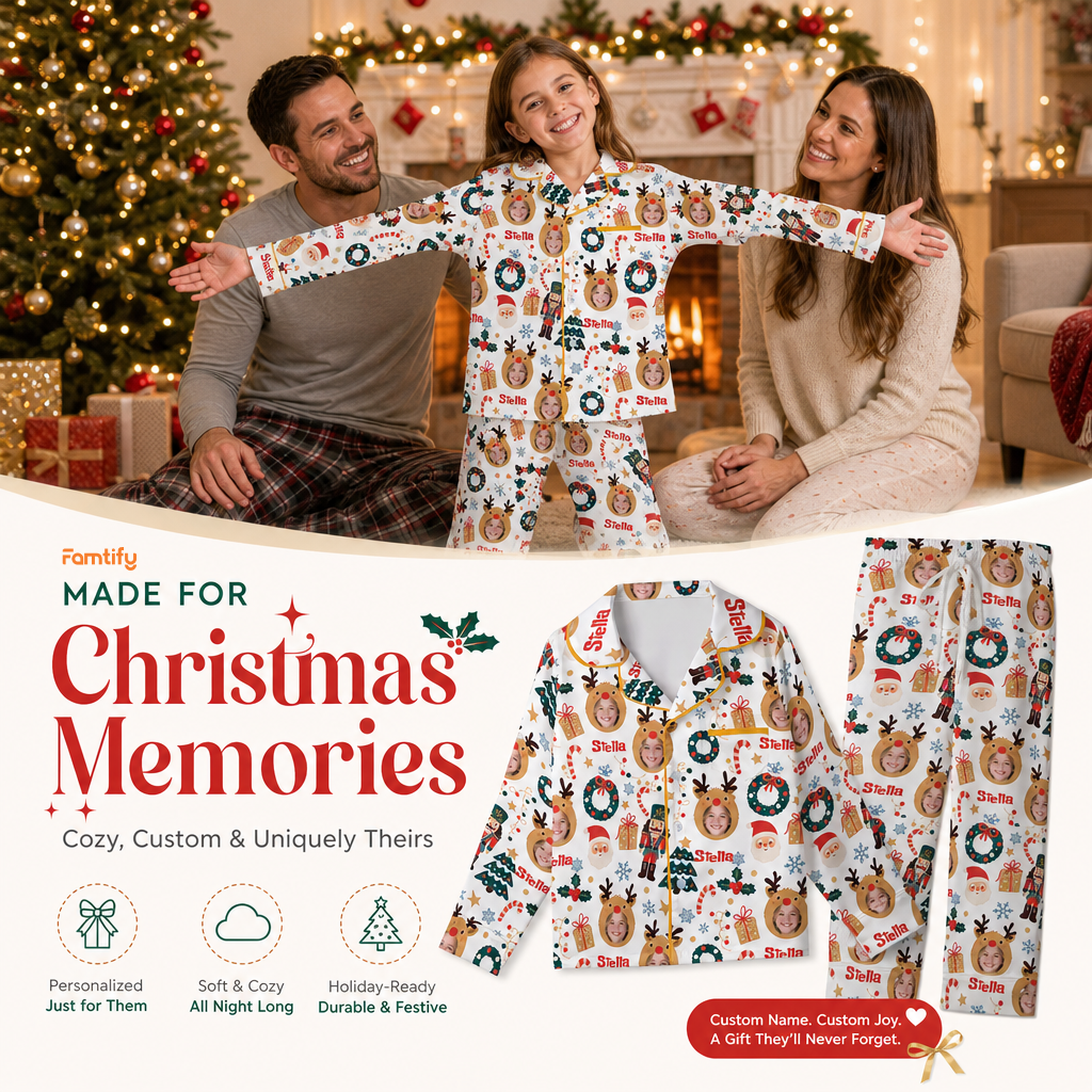 Custom face photo and name reindeer kid Christmas pajamas view 2