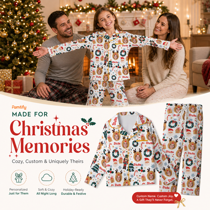 Custom face photo and name reindeer kid Christmas pajamas view 2