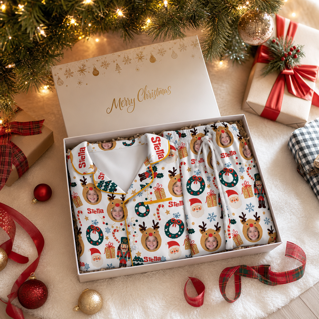 Custom face photo and name reindeer kid Christmas pajamas view 3