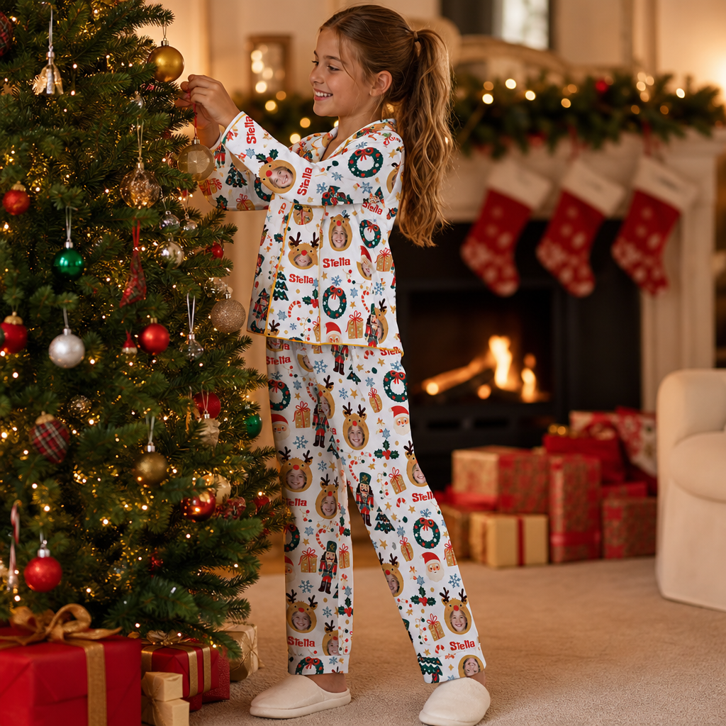Custom face photo and name reindeer kid Christmas pajamas view 4