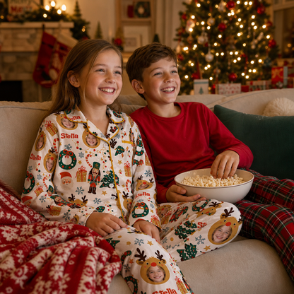 Custom face photo and name reindeer kid Christmas pajamas view 5