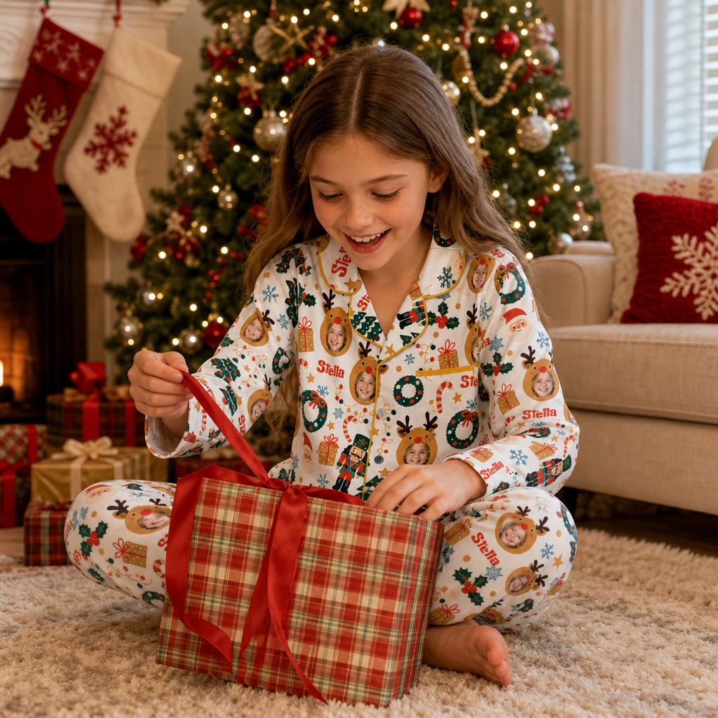 Custom face photo and name reindeer kid Christmas pajamas view 7