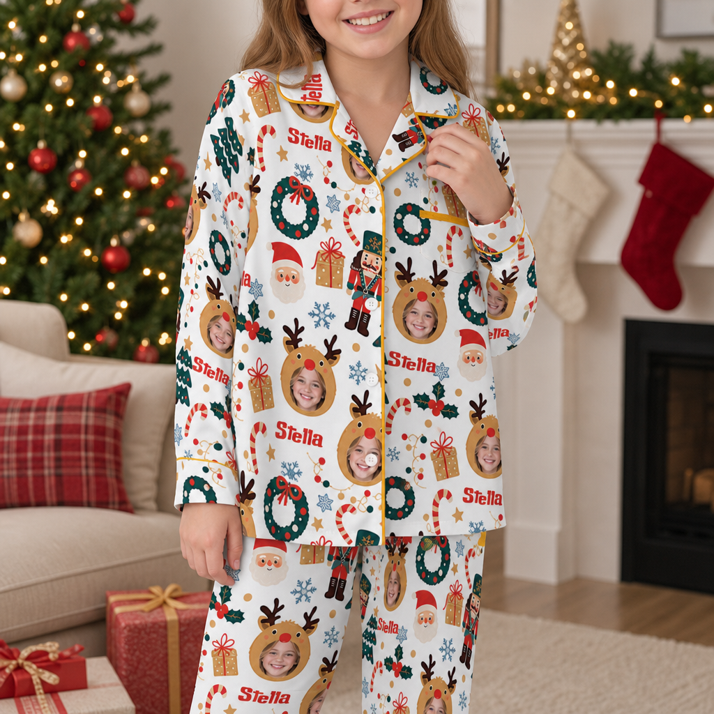 Custom face photo and name reindeer kid Christmas pajamas view 8