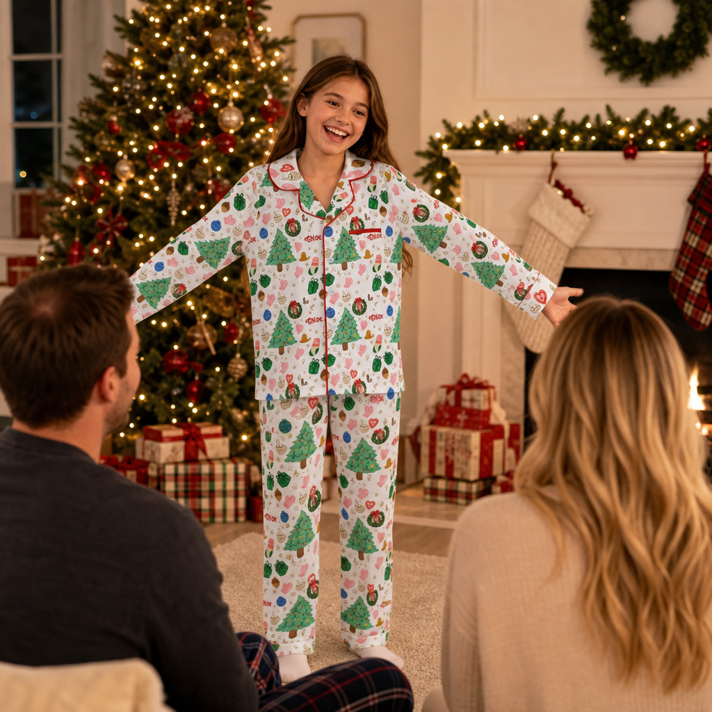 Custom face photo and name wreath kid Christmas pajamas view 7