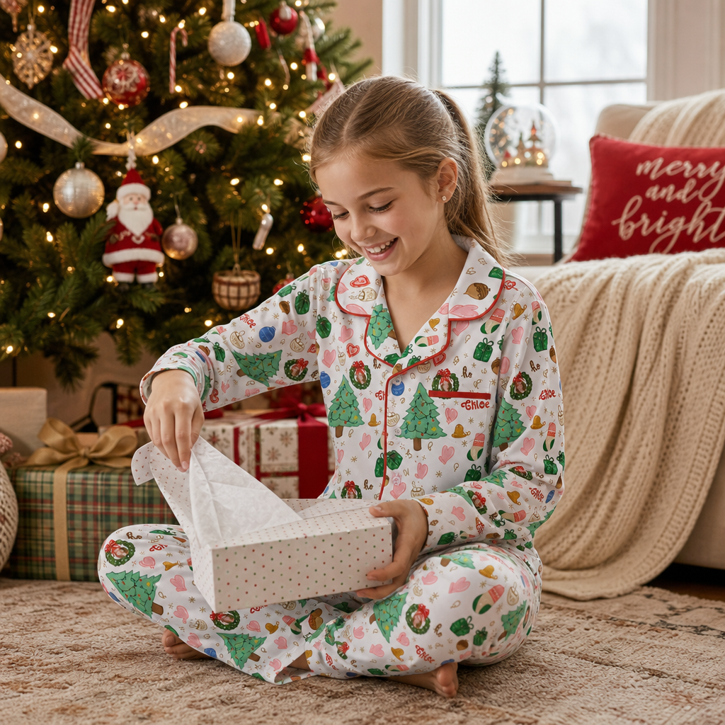 Custom face photo and name wreath kid Christmas pajamas view 8