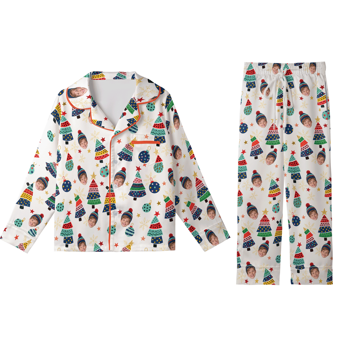 Custom face photo colorful tree beanie kid Christmas pajamas set with button up top and pants
