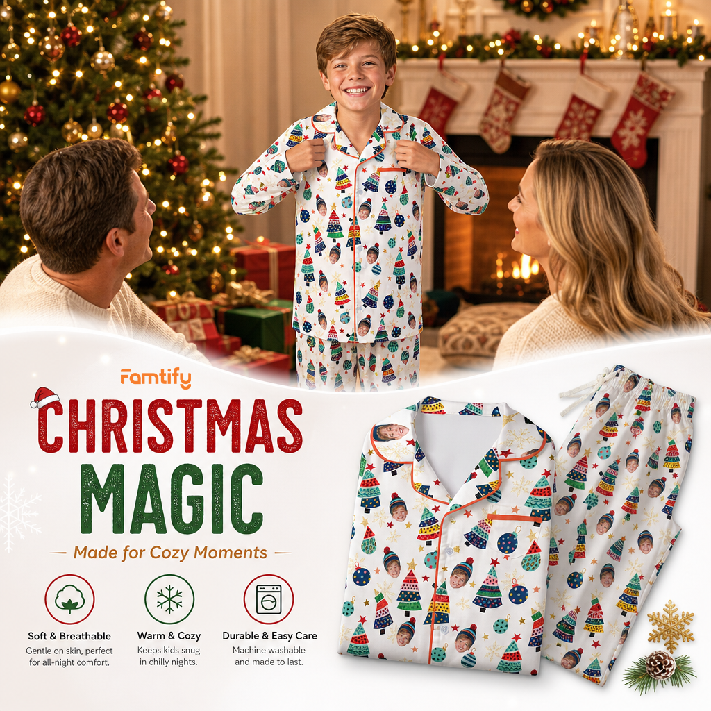 Custom face photo colorful tree kid Christmas pajamas view 2