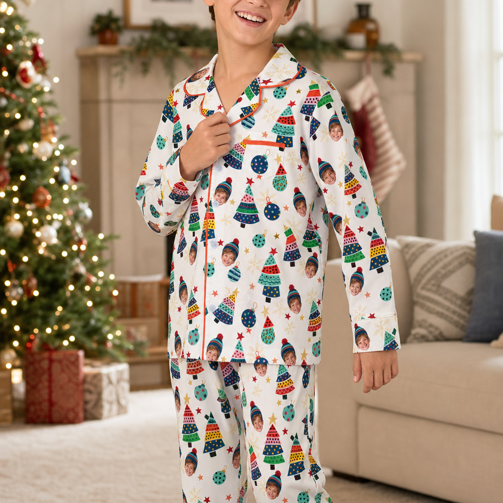 Custom face photo colorful tree kid Christmas pajamas view 3