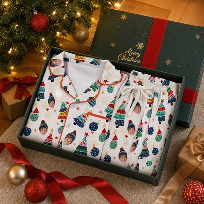 Custom face photo colorful tree kid Christmas pajamas view 5