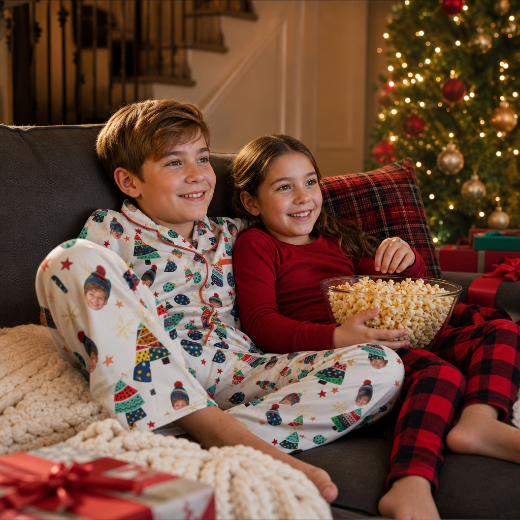 Custom face photo colorful tree kid Christmas pajamas view 6