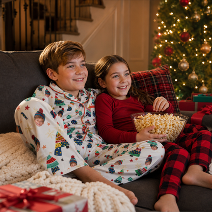 Custom face photo colorful tree kid Christmas pajamas view 6