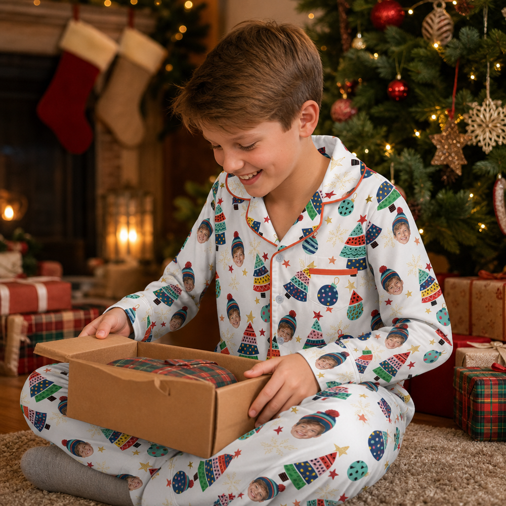 Custom face photo colorful tree kid Christmas pajamas view 7