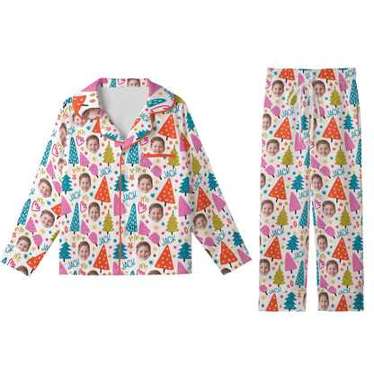 Custom face photo and name whimsical trees kid Christmas pajamas set with button up top and pants