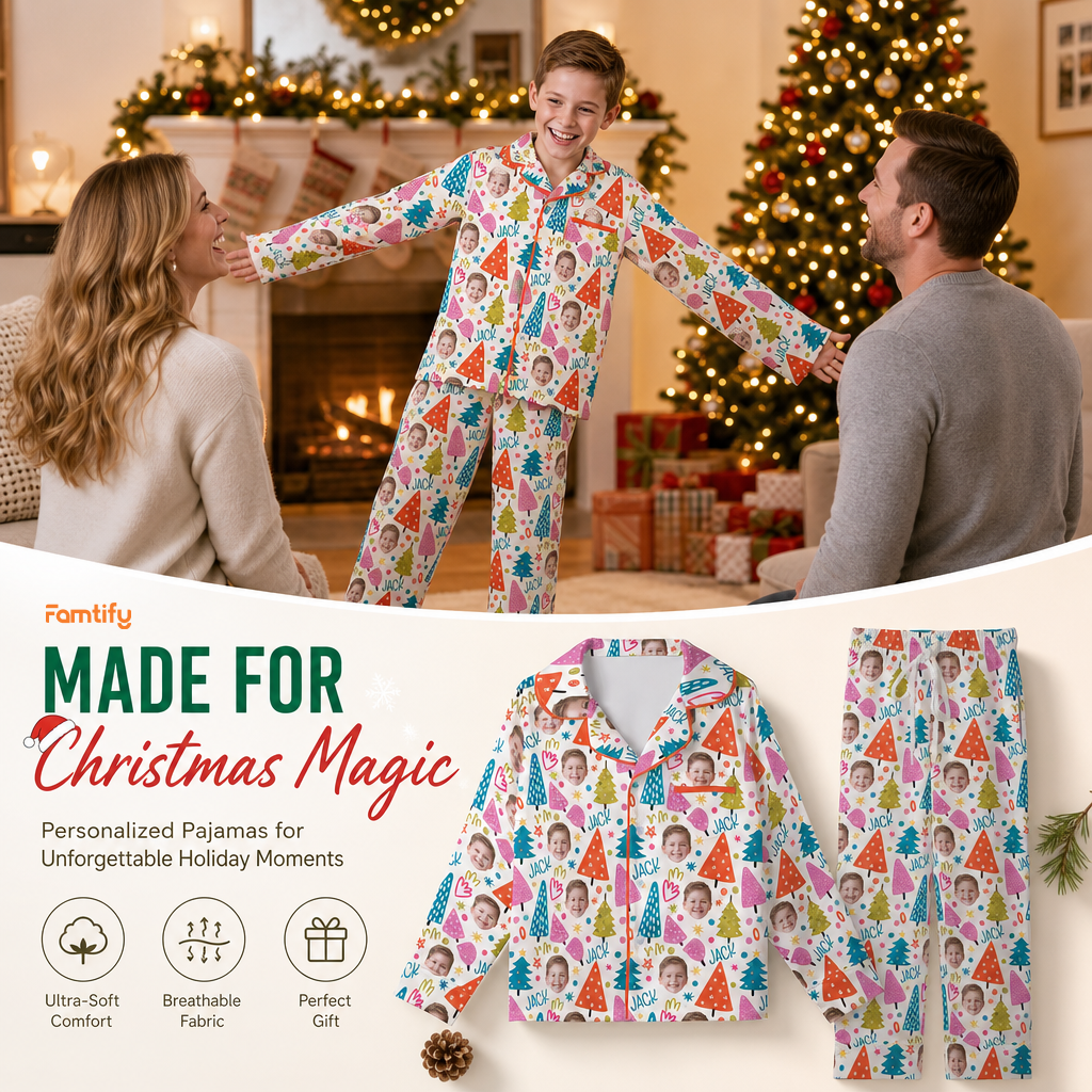 Custom face photo and name whimsical trees kid pajamas view 2