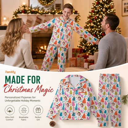 Custom face photo and name whimsical trees kid pajamas view 2