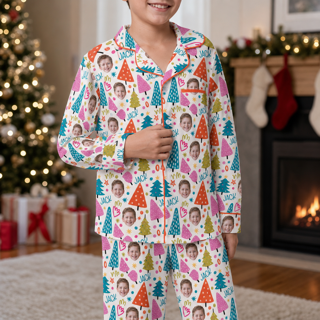 Custom face photo and name whimsical trees kid pajamas view 3