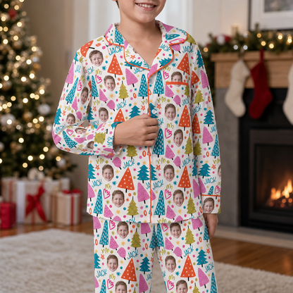 Custom face photo and name whimsical trees kid pajamas view 3
