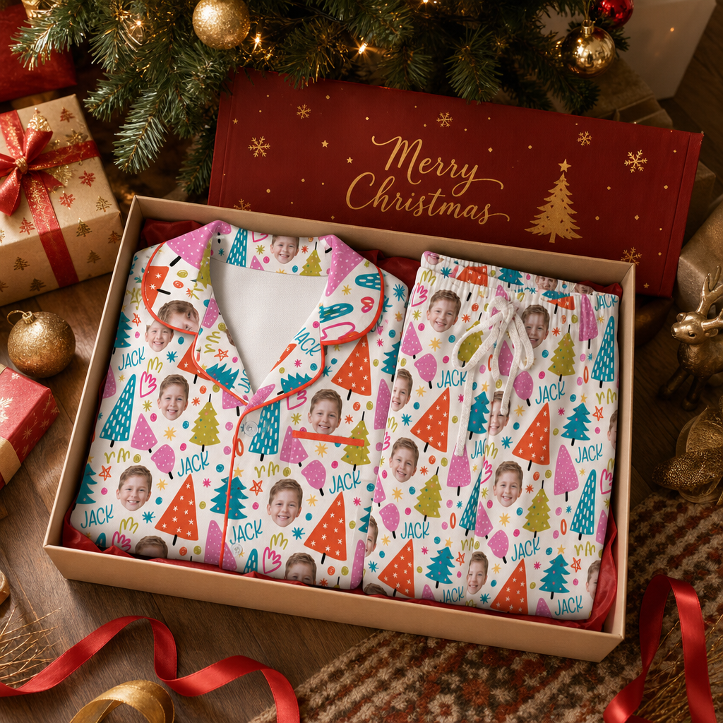Custom face photo and name whimsical trees kid pajamas view 5