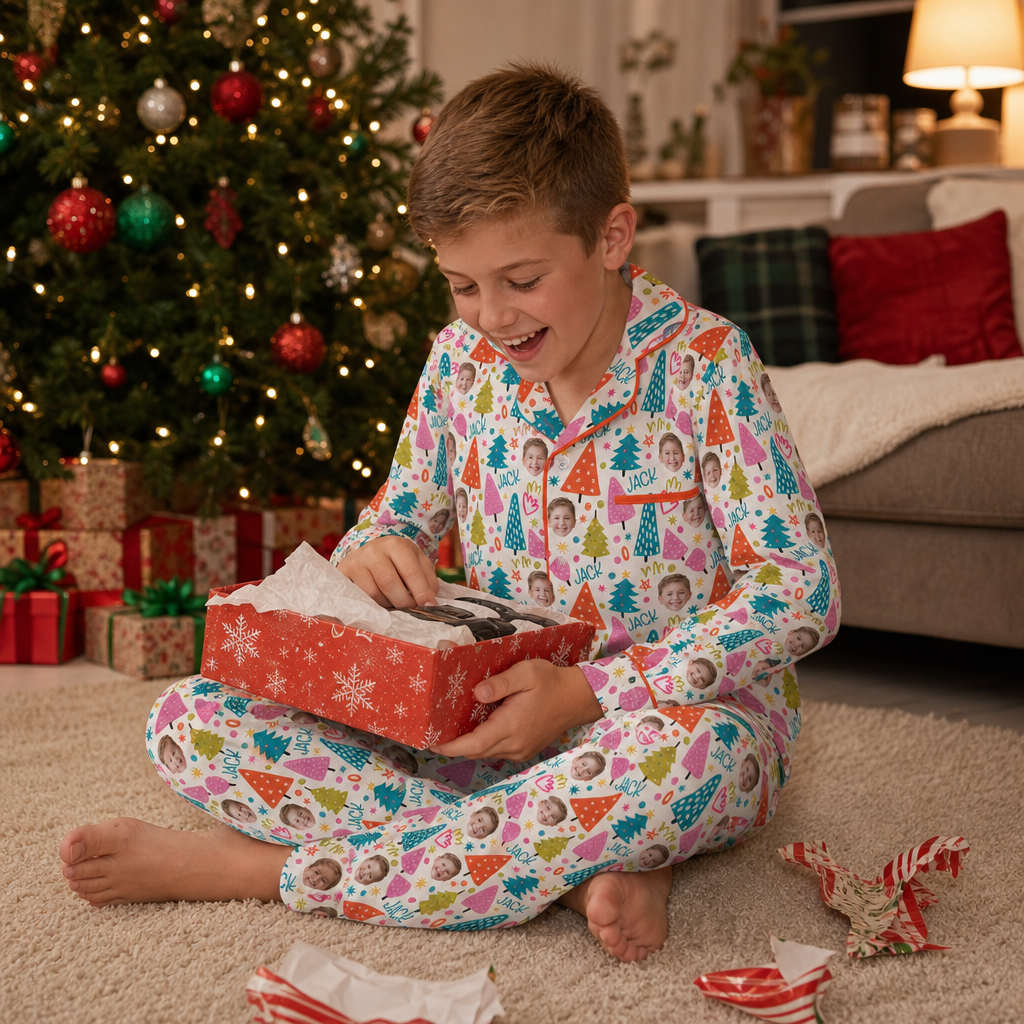 Custom face photo and name whimsical trees kid pajamas view 7