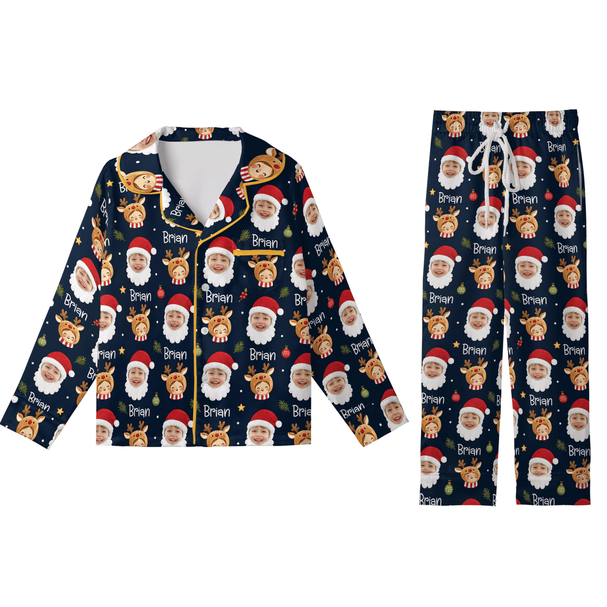 Custom face photo and name Santa beard reindeer kid Christmas pajamas set with button up top and pants