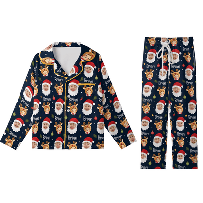 Custom face photo and name Santa beard reindeer kid Christmas pajamas set with button up top and pants