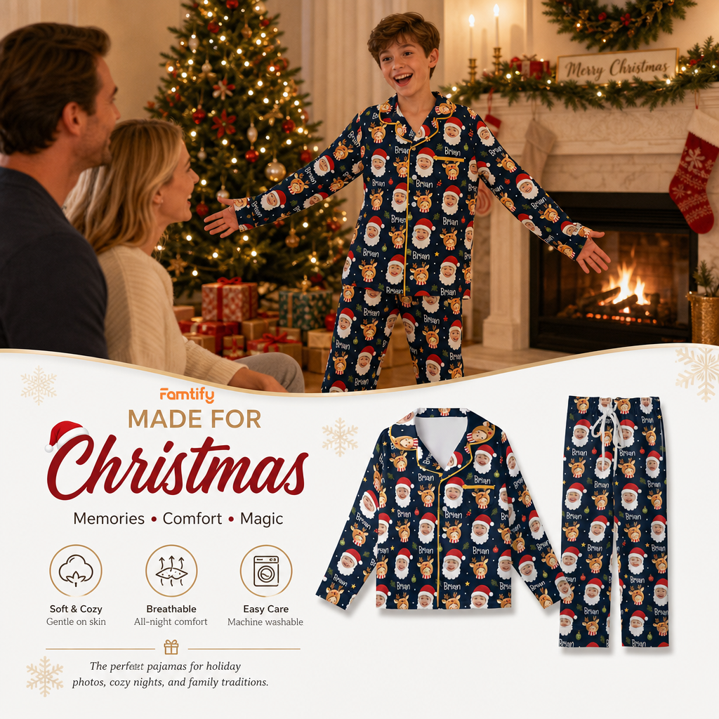 Custom face photo and name Santa beard kid Christmas pajamas view 2