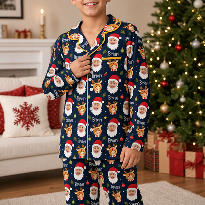 Custom face photo and name Santa beard kid Christmas pajamas view 3