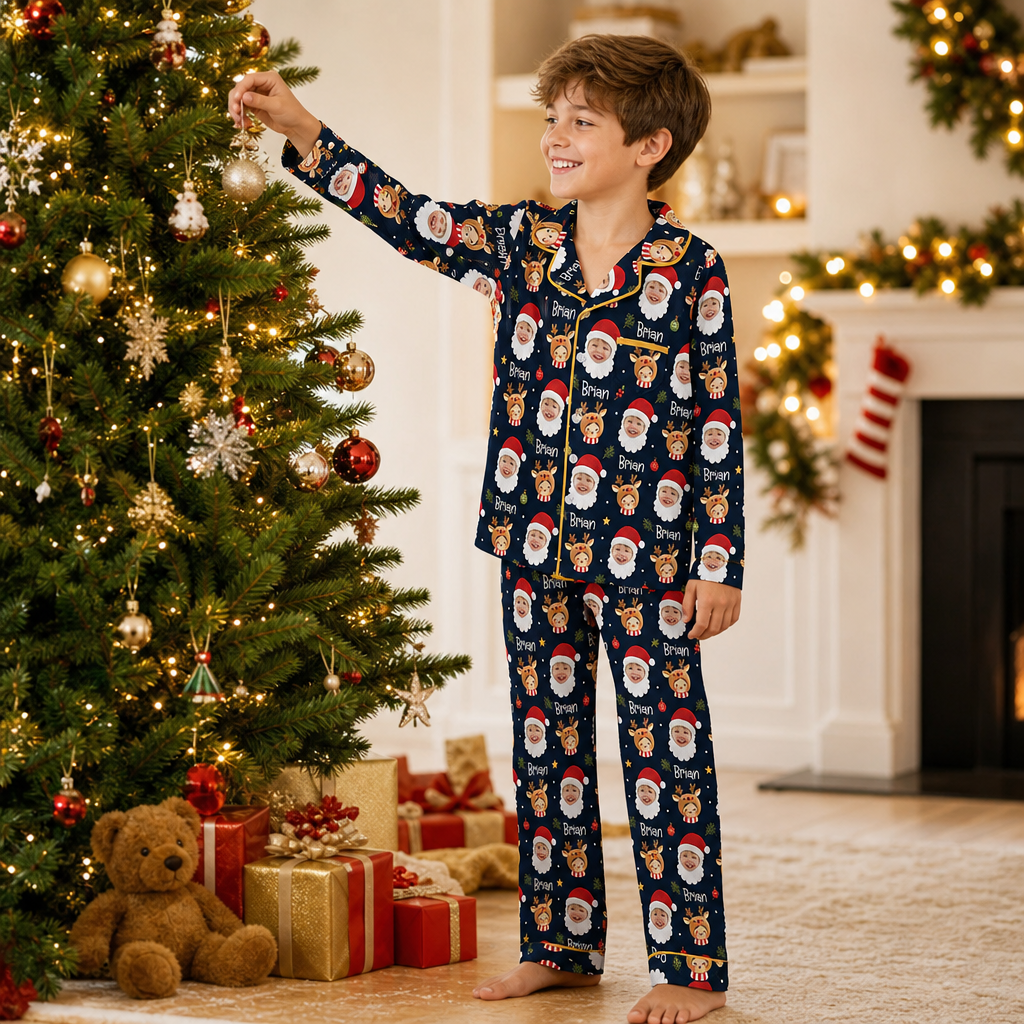 Custom face photo and name Santa beard kid Christmas pajamas view 4