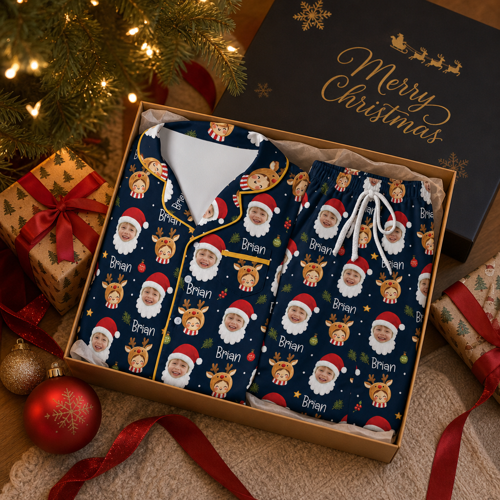 Custom face photo and name Santa beard kid Christmas pajamas view 5