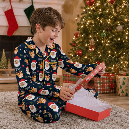 Custom face photo and name Santa beard kid Christmas pajamas view 7