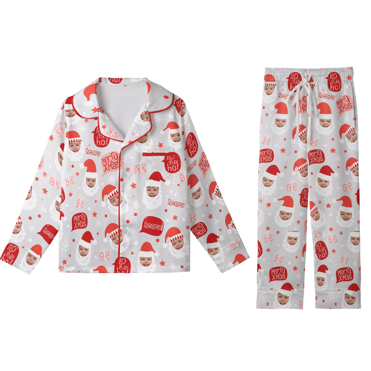 Custom face photo and name Ho Ho Ho Santa beard kid Christmas pajamas set with button up top and pants