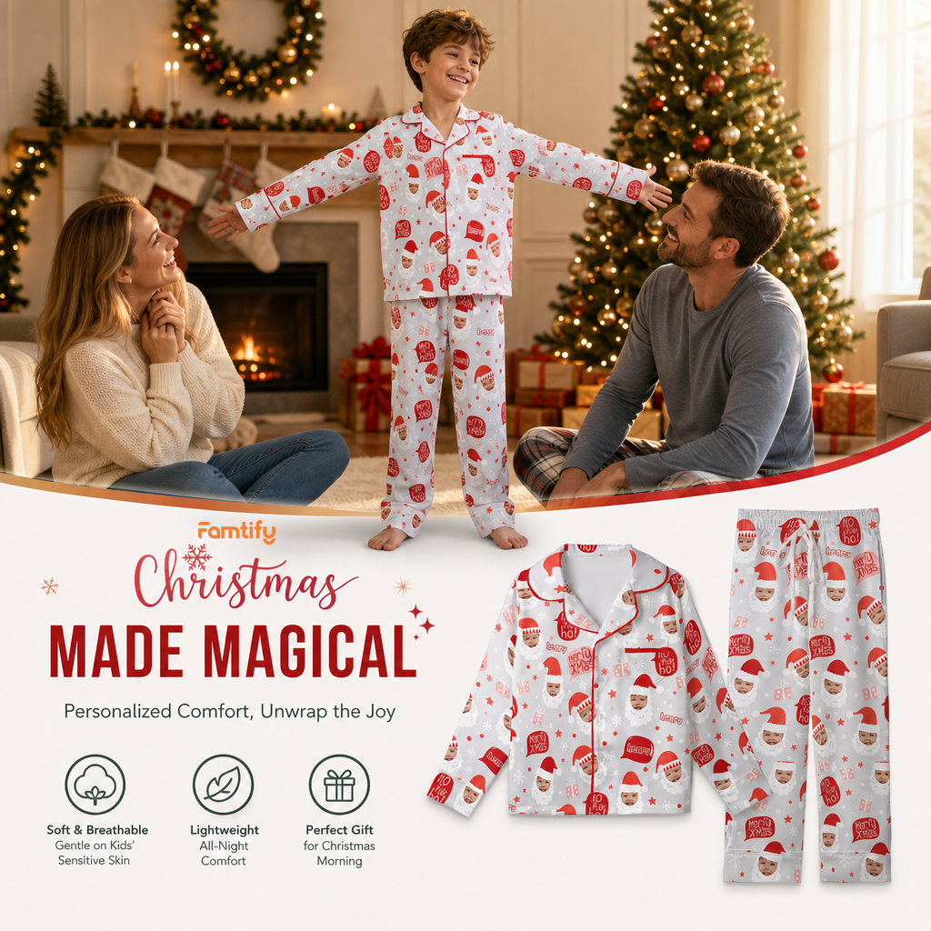 Custom face photo and name Ho Ho Ho Santa kid pajamas view 2