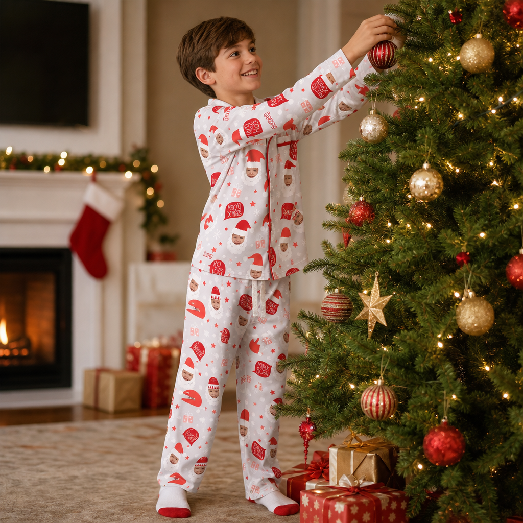 Custom face photo and name Ho Ho Ho Santa kid pajamas view 4