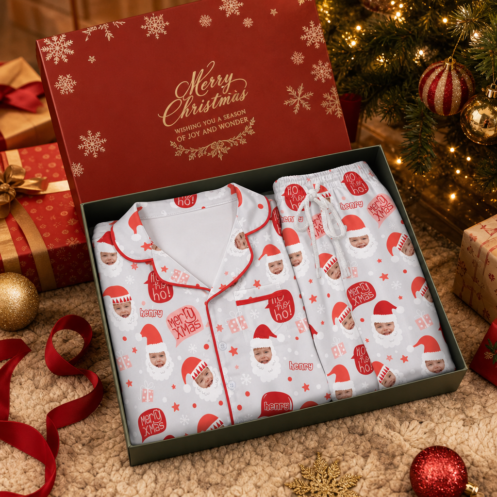 Custom face photo and name Ho Ho Ho Santa kid pajamas view 5
