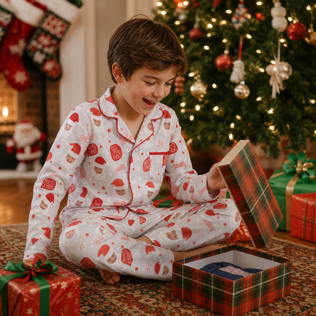 Custom face photo and name Ho Ho Ho Santa kid pajamas view 7