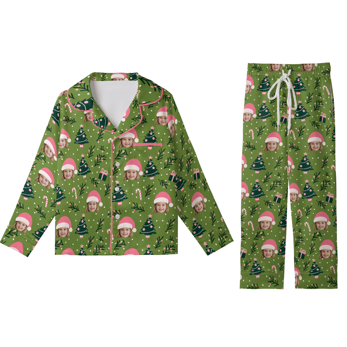 Custom face photo pink Santa hat tree kid Christmas pajamas set with button up top and pants