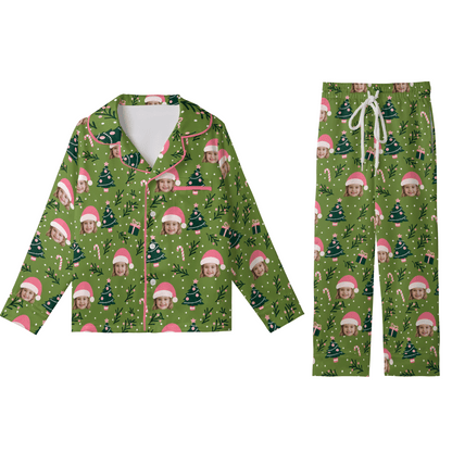 Custom face photo pink Santa hat tree kid Christmas pajamas set with button up top and pants