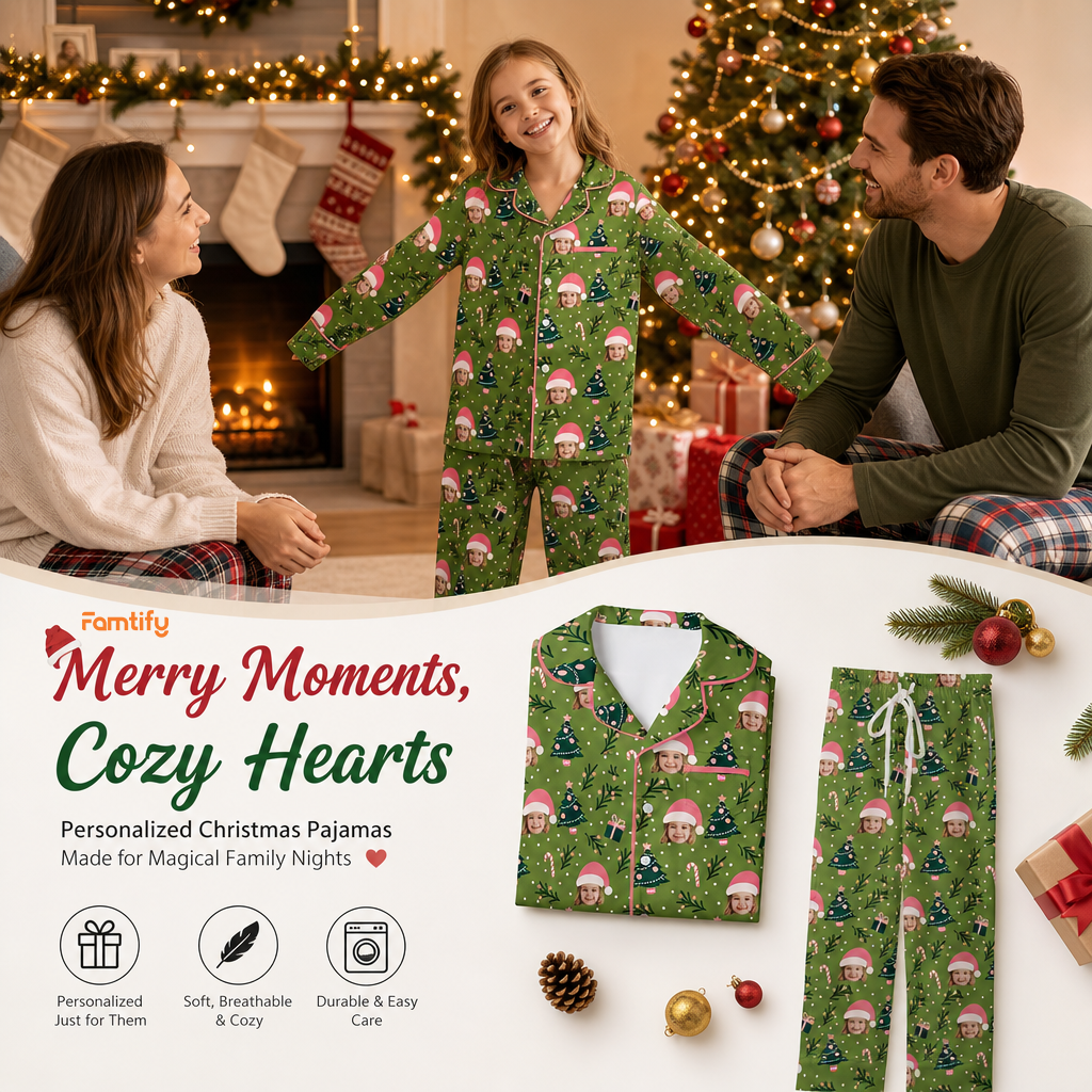 Custom face photo pink Santa hat kid Christmas pajamas view 2