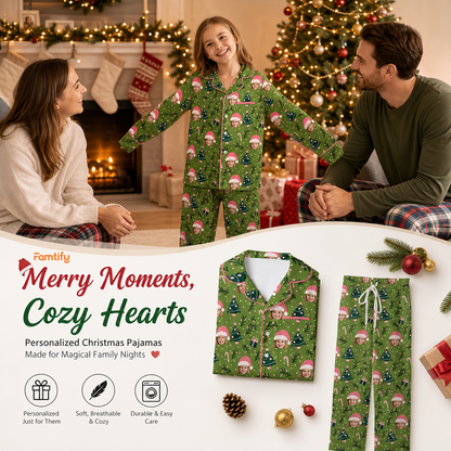 Custom face photo pink Santa hat kid Christmas pajamas view 2