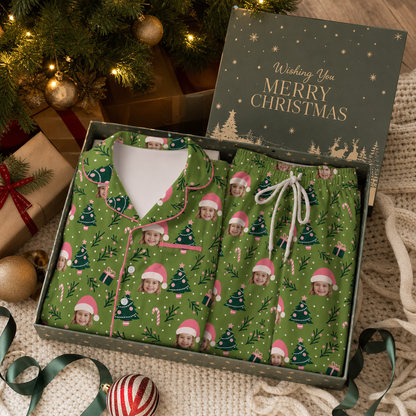 Custom face photo pink Santa hat kid Christmas pajamas view 4