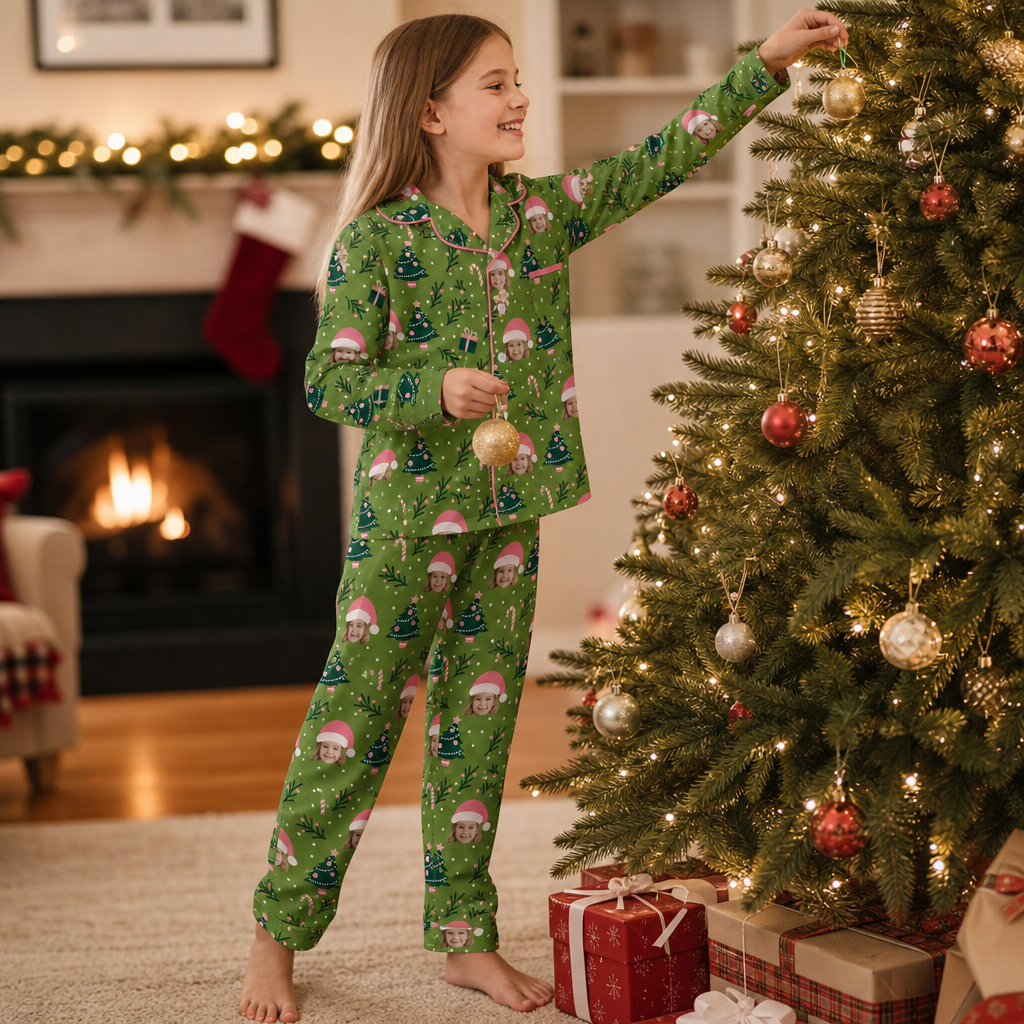 Custom face photo pink Santa hat kid Christmas pajamas view 5