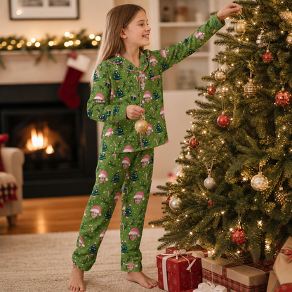 Custom face photo pink Santa hat kid Christmas pajamas view 5