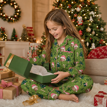 Custom face photo pink Santa hat kid Christmas pajamas view 7