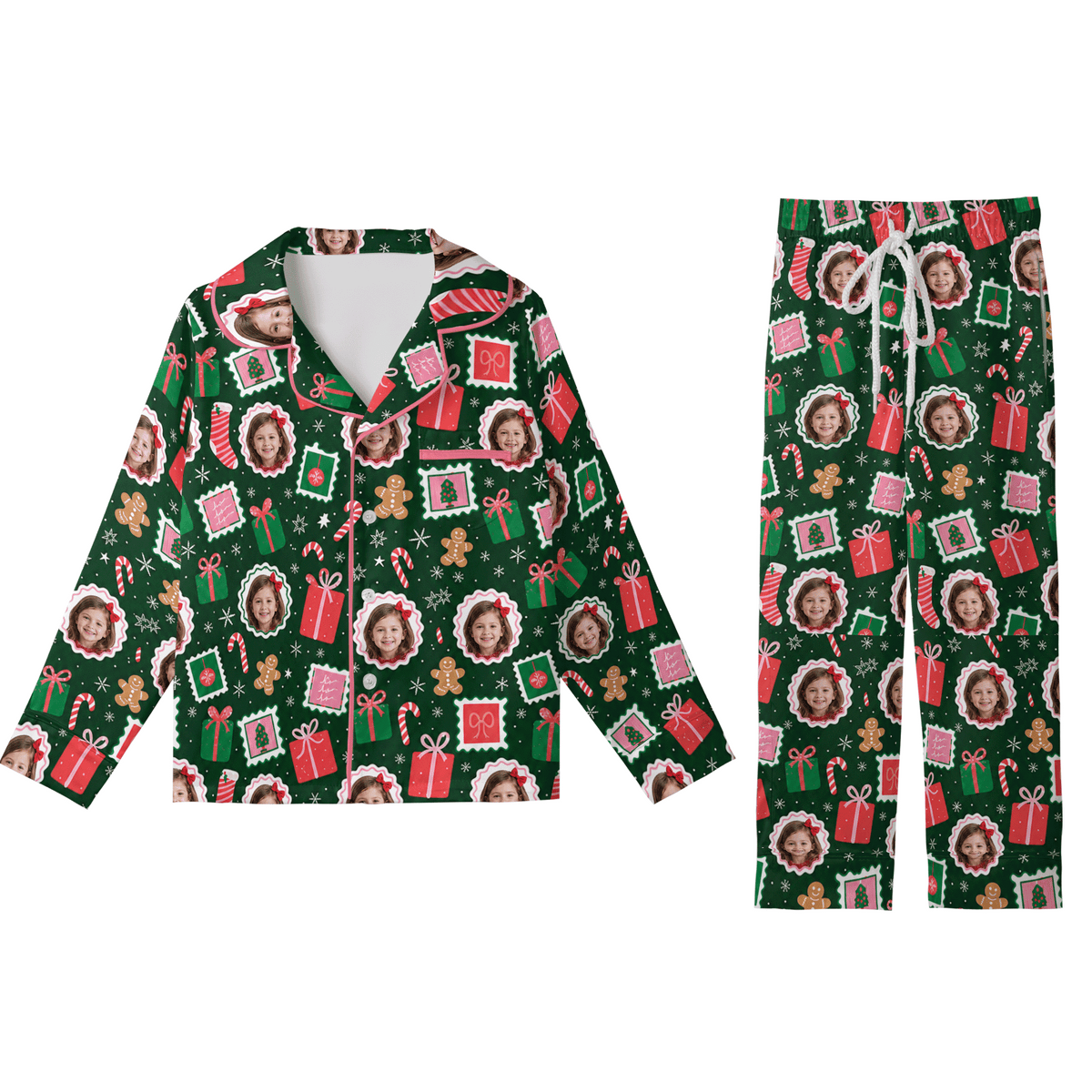 Custom face photo gift gingerbread frame kid Christmas pajamas set with button up top and pants