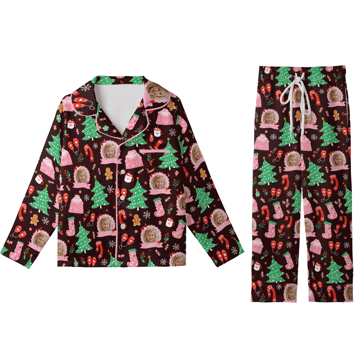 Custom face photo cozy winter lace frame kid Christmas pajamas set with button up top and pants