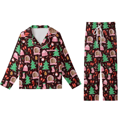 Custom face photo cozy winter lace frame kid Christmas pajamas set with button up top and pants