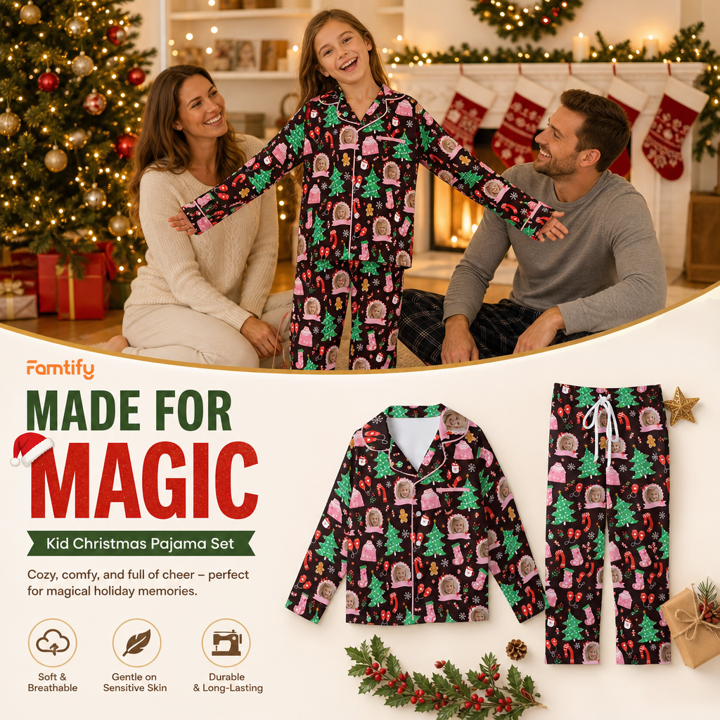 Custom face photo cozy winter kid Christmas pajamas view 2